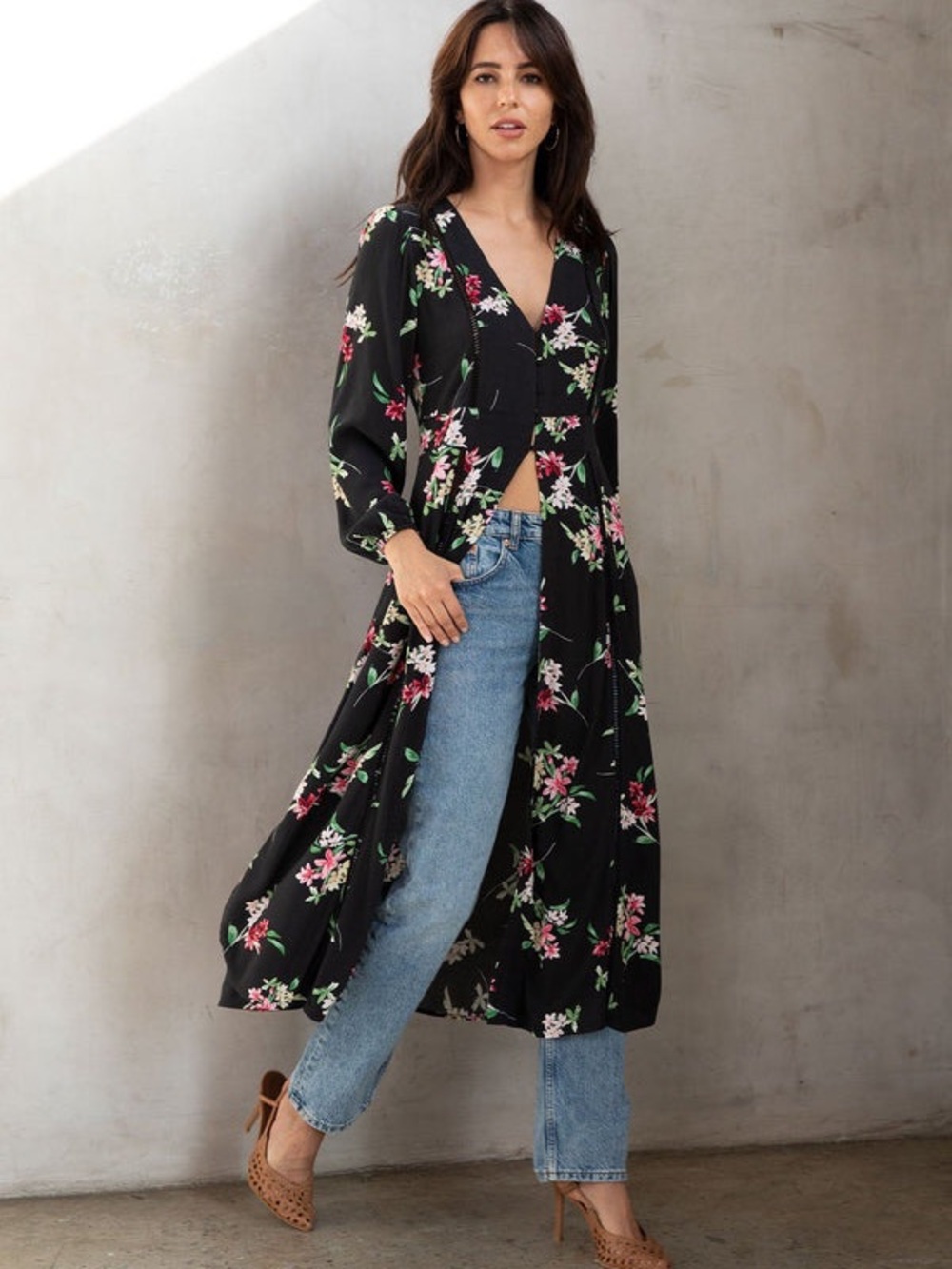 Lovestitch Floral V-Neck Maxi Duster Dress - Size L